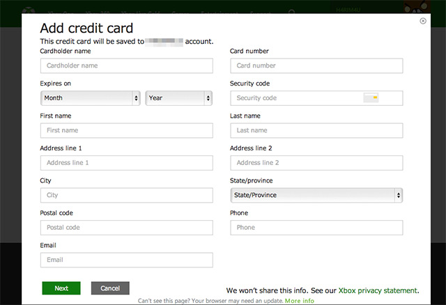 Xbox Add Credit Card
